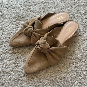 Zara Brown Suede Mules with Bow Detail